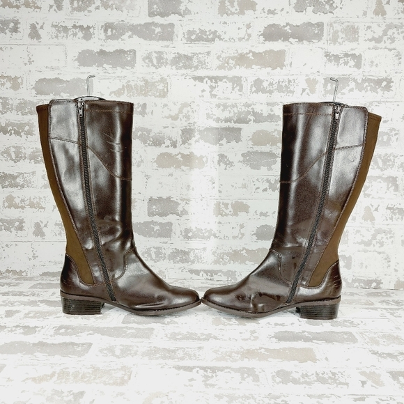 Civic Lila Brown Leather Elastic Calrf Block Heel Side Zip Tall Boots W20 - Picture 5 of 9